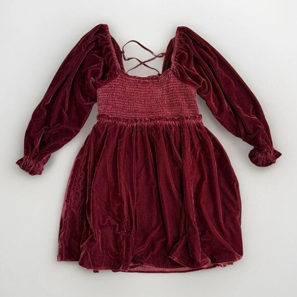 Free People Dresses & Skirts - Free People Daphne Velvet Square Neck Smocked Mini Dress Boho Red Medium
